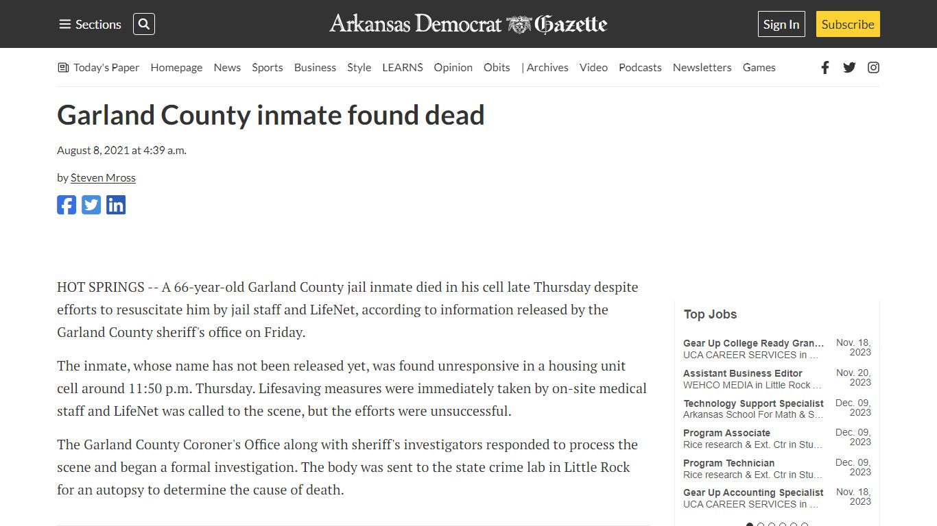 Garland County inmate found dead | Arkansas Democrat Gazette
